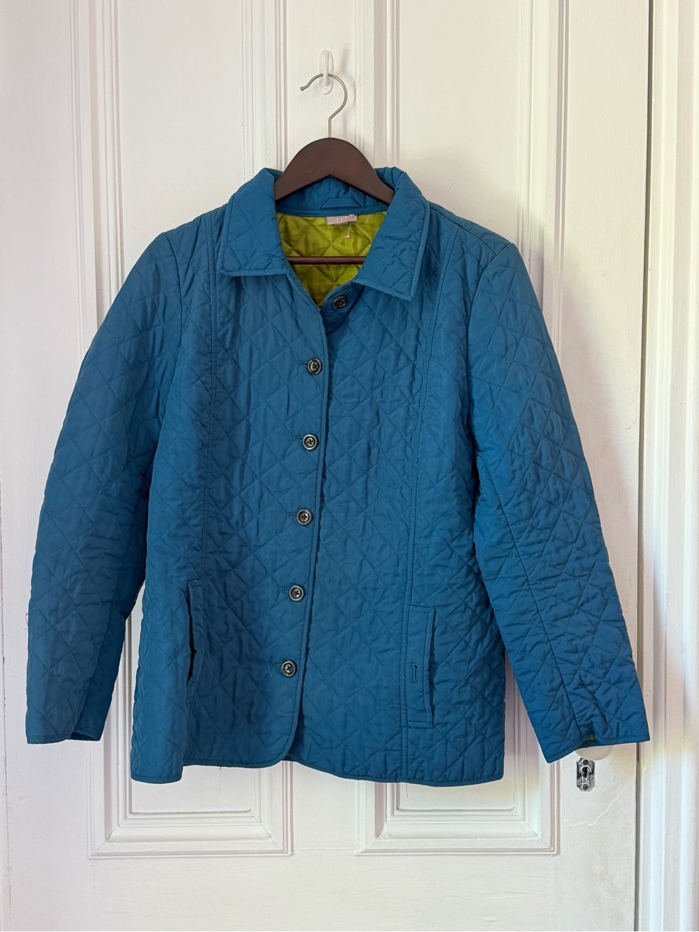 Women’s J Jill Quikted Button Front Blue/ Green Core / Travel Coat Size Large